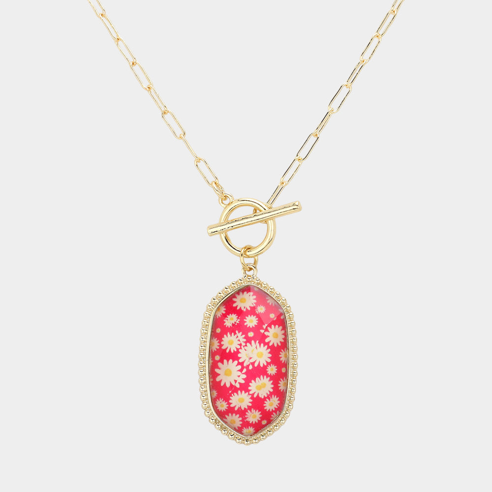 Madeline Love Fuchsia Daisy Flower Patterned Hexagon Pendant Toggle Necklace - Necklaces