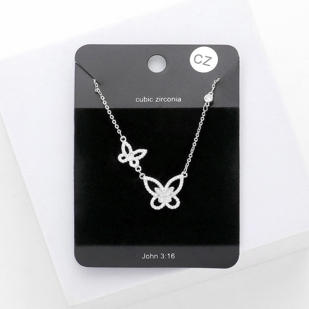 Madeline Love Rhodium CZ Double Butterfly Link Pendant Necklace - Necklaces