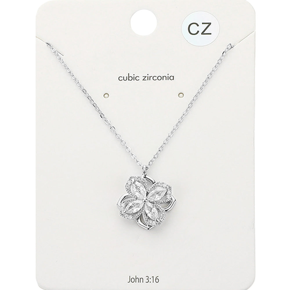 Madeline Love Clear, Rhodium CZ Marquise Stone Embellished Spinning Clover Pendant Necklace - Jewelry