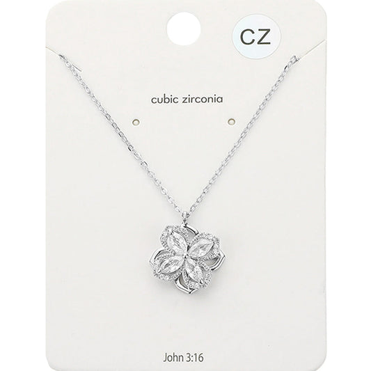 Madeline Love Clear, Rhodium CZ Marquise Stone Embellished Spinning Clover Pendant Necklace - Jewelry