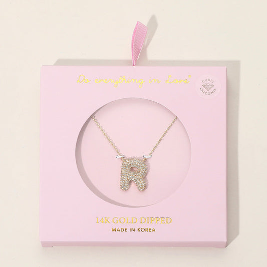 Madeline Love Gold -R- 14K Gold Dipped CZ Stone Paved Initial Monogram Pendant Necklace - Jewelry