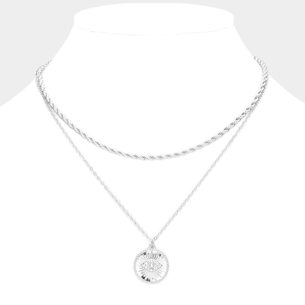 Madeline Love Rhodium Rhinestone Embellished Evil Eye Round Pendant Layered Necklace - Necklaces