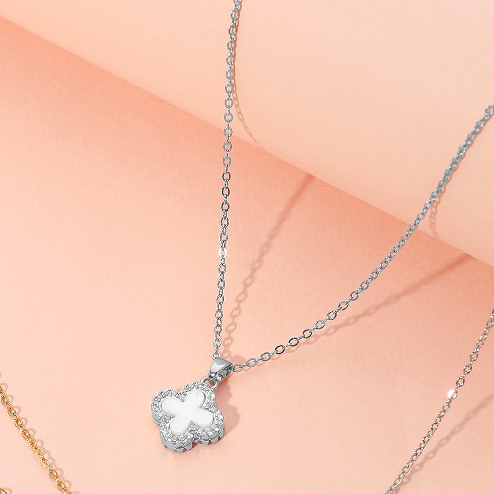Madeline Love Mother of Pearl, Silver Reversible Stainless Steel Quatrefoil Pendant Necklace - Jewelry