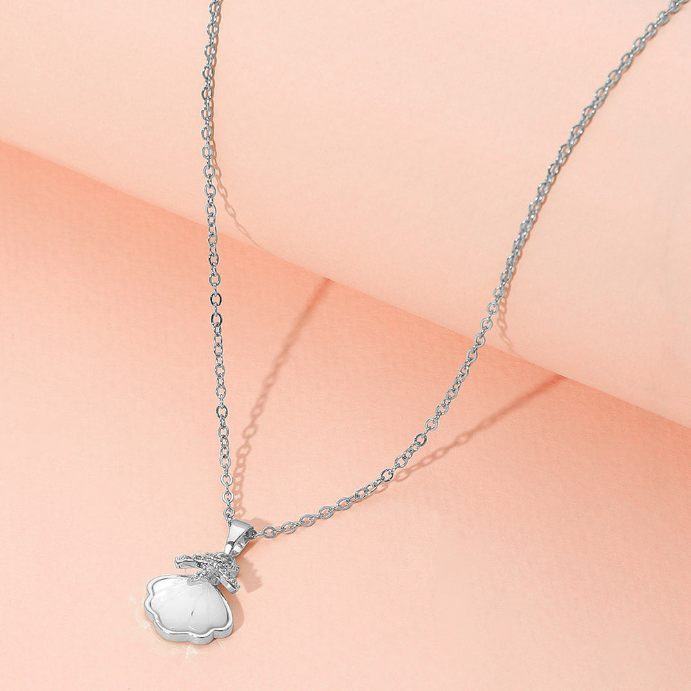 Madeline Love Mother of Pearl, Silver Stainless Steel Stone Paved Starfish Mother of Pearl Sea Shell Pendant Necklace - Jewelry