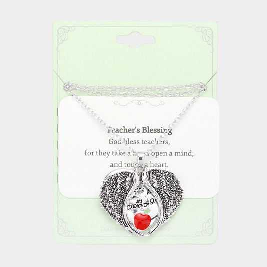 Madeline Love Antique Silver Teacher's Blessing No.1 Teacher Message Enamel Apple Pointed Angel Wings Pendant Necklace - Necklaces