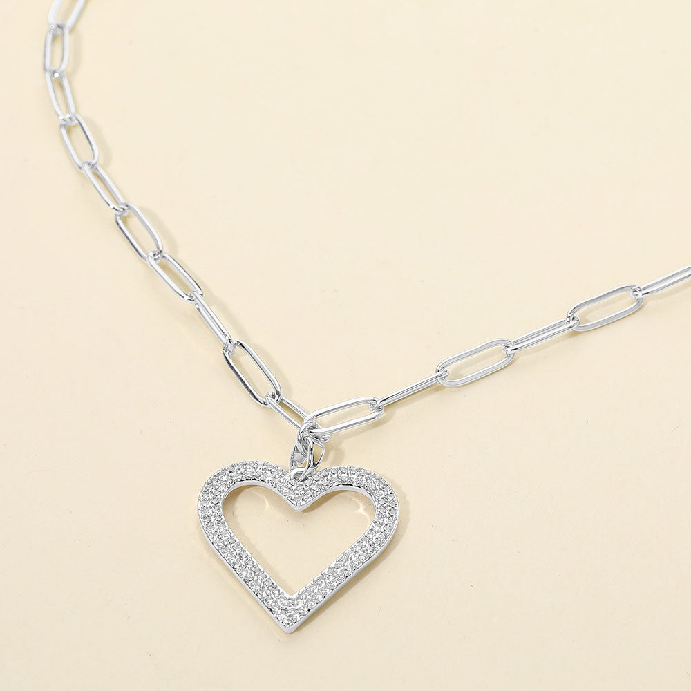Madeline Love Clear, Silver Stainless Steel CZ Stone Paved Open Heart Pendant Paperclip Chain Necklace - Jewelry