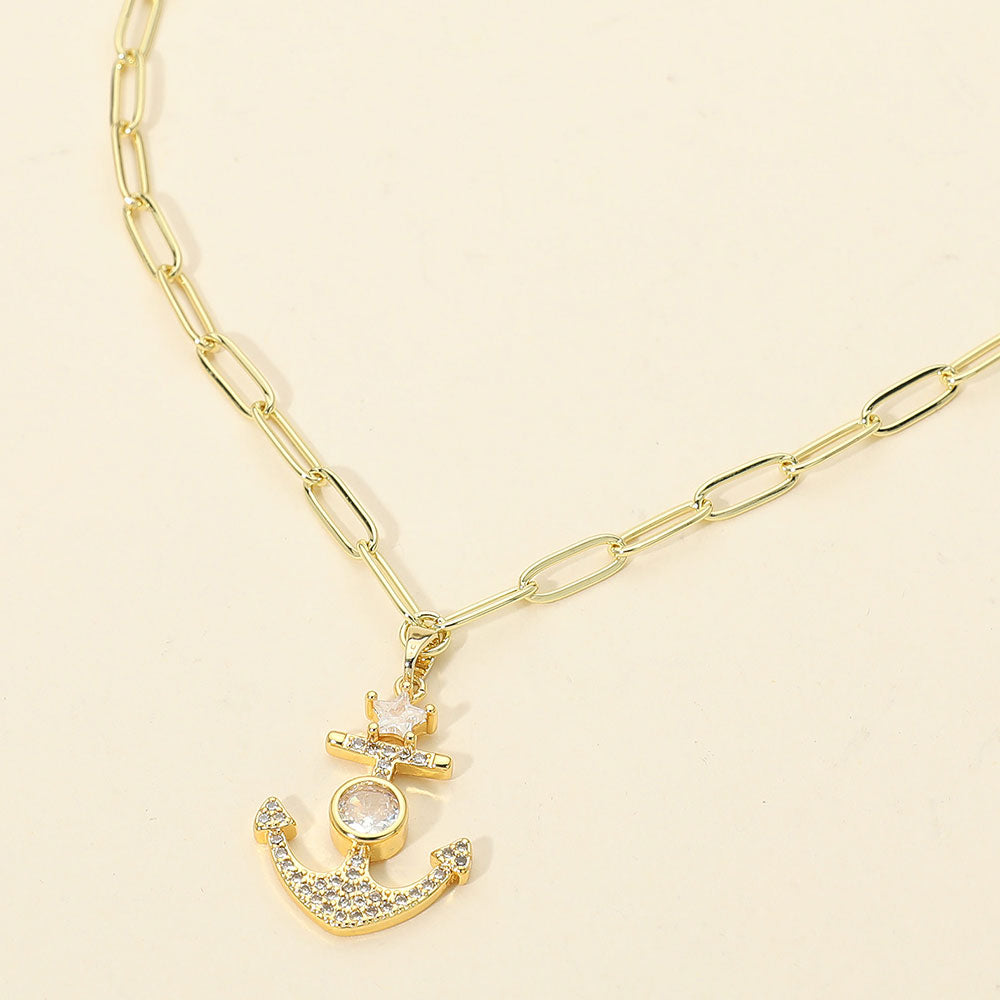 Madeline Love Clear, Gold Stainless Steel CZ Stone Star Anchor Pendant Paperclip Chain Necklace - Jewelry