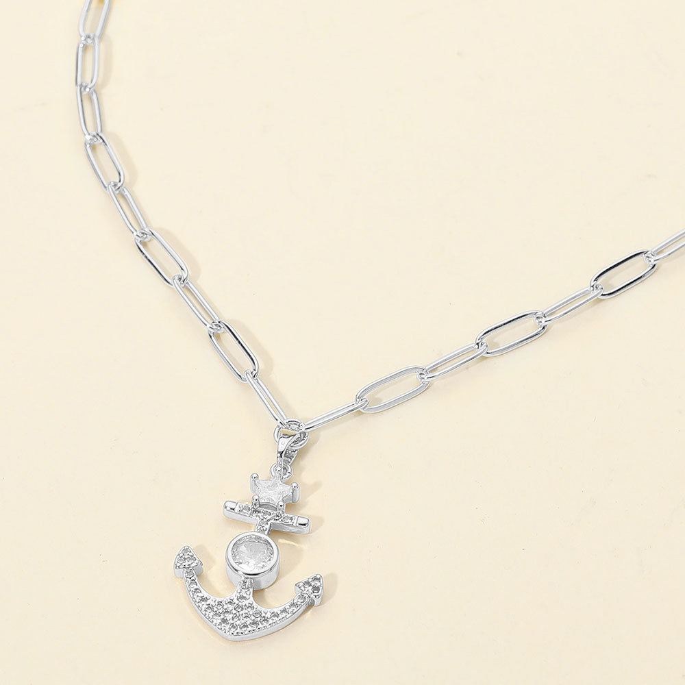 Madeline Love Clear, Silver Stainless Steel CZ Stone Star Anchor Pendant Paperclip Chain Necklace - Jewelry