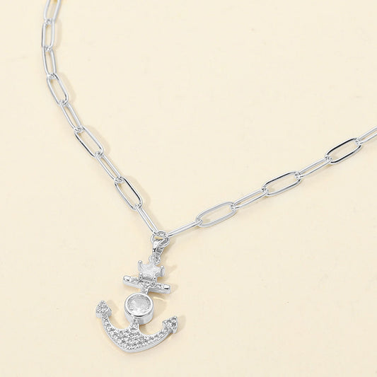 Madeline Love Clear, Silver Stainless Steel CZ Stone Star Anchor Pendant Paperclip Chain Necklace - Jewelry