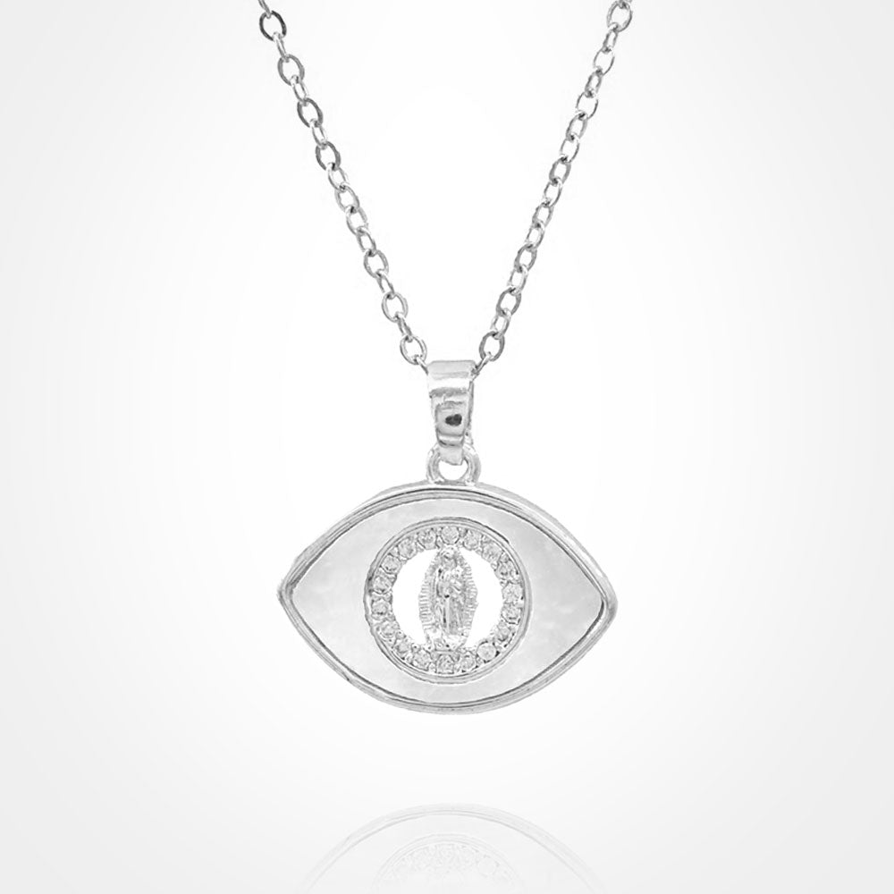 Madeline Love Mother of Pearl, Silver Stainless Steel Mother of Pearl CZ Stone Rim Virgin Mary Accent Evil Eye Pendant Necklace - Jewelry