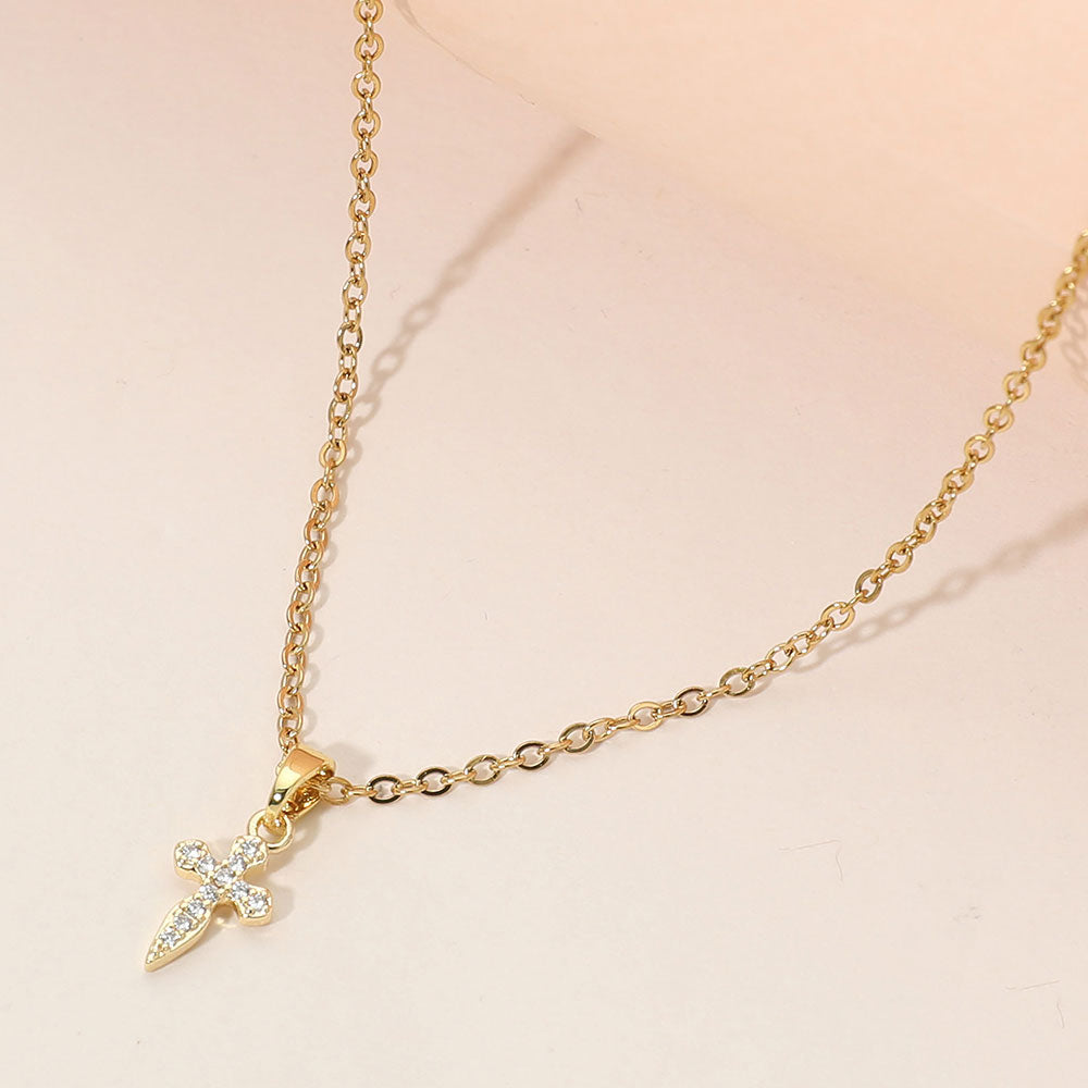 Madeline Love Clear, Gold Stainless Steel Mini CZ Stone Pave Cross Pendant Necklace - Jewelry