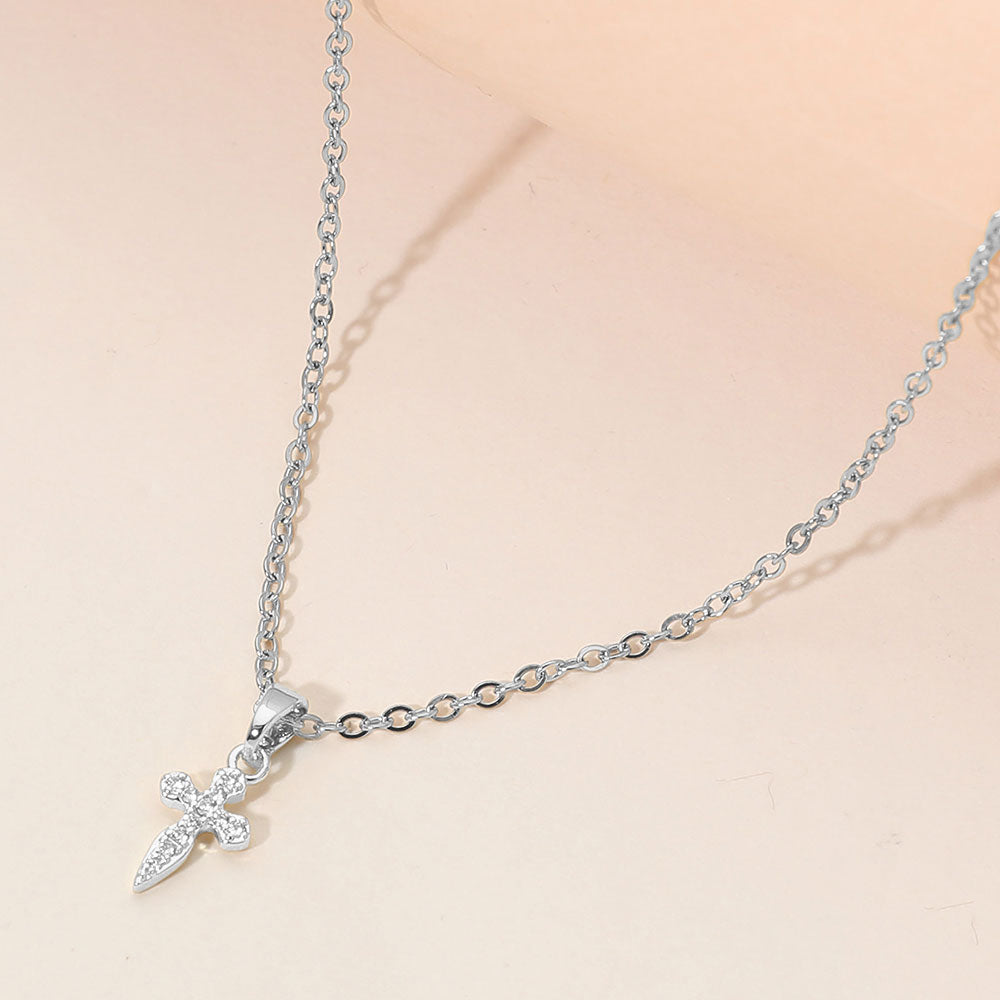 Madeline Love Clear, Silver Stainless Steel Mini CZ Stone Pave Cross Pendant Necklace - Jewelry