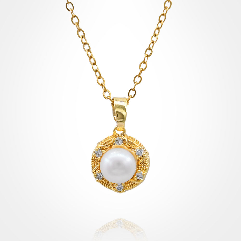 Madeline Love Gold Stainless Steel CZ Stone Rim Pearl Pendant Necklace - Jewelry