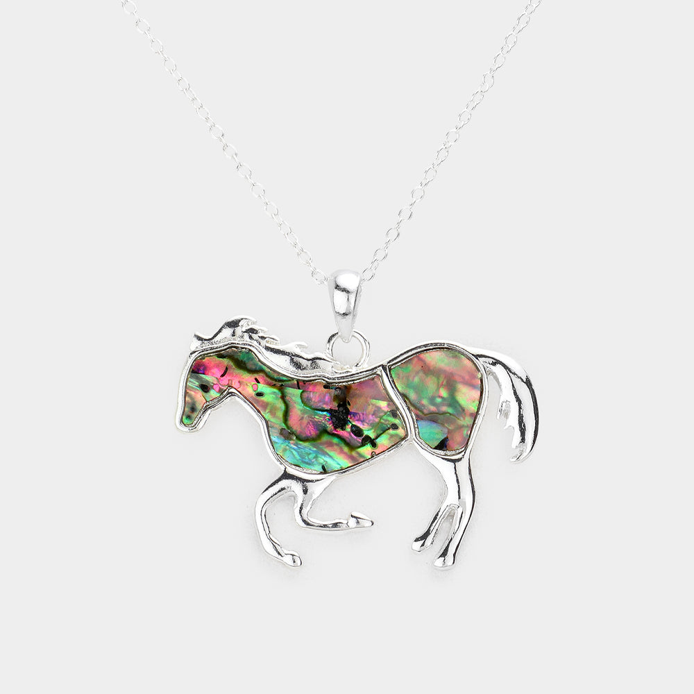 Madeline Love Abalone, Silver Abalone Embossed Metal Horse Pendant Necklace - Necklaces