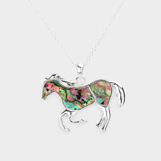 Madeline Love Abalone, Silver Abalone Embossed Metal Horse Pendant Necklace - Necklaces