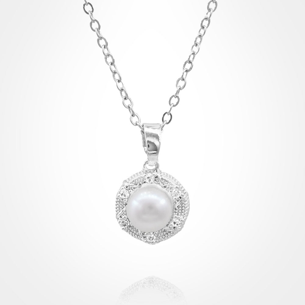 Madeline Love Silver Stainless Steel CZ Stone Rim Pearl Pendant Necklace - Jewelry