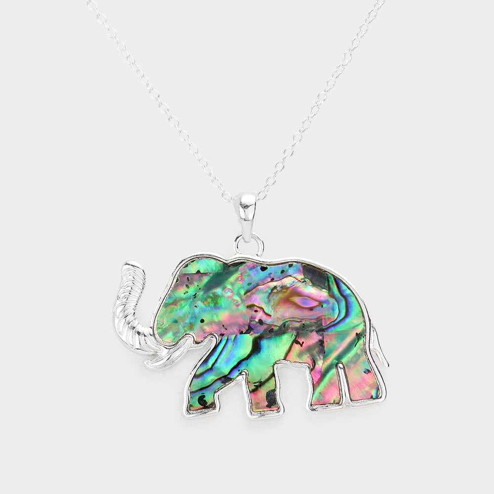Madeline Love Abalone, Silver Abalone Embossed Metal Elephant Pendant Necklace - Necklaces