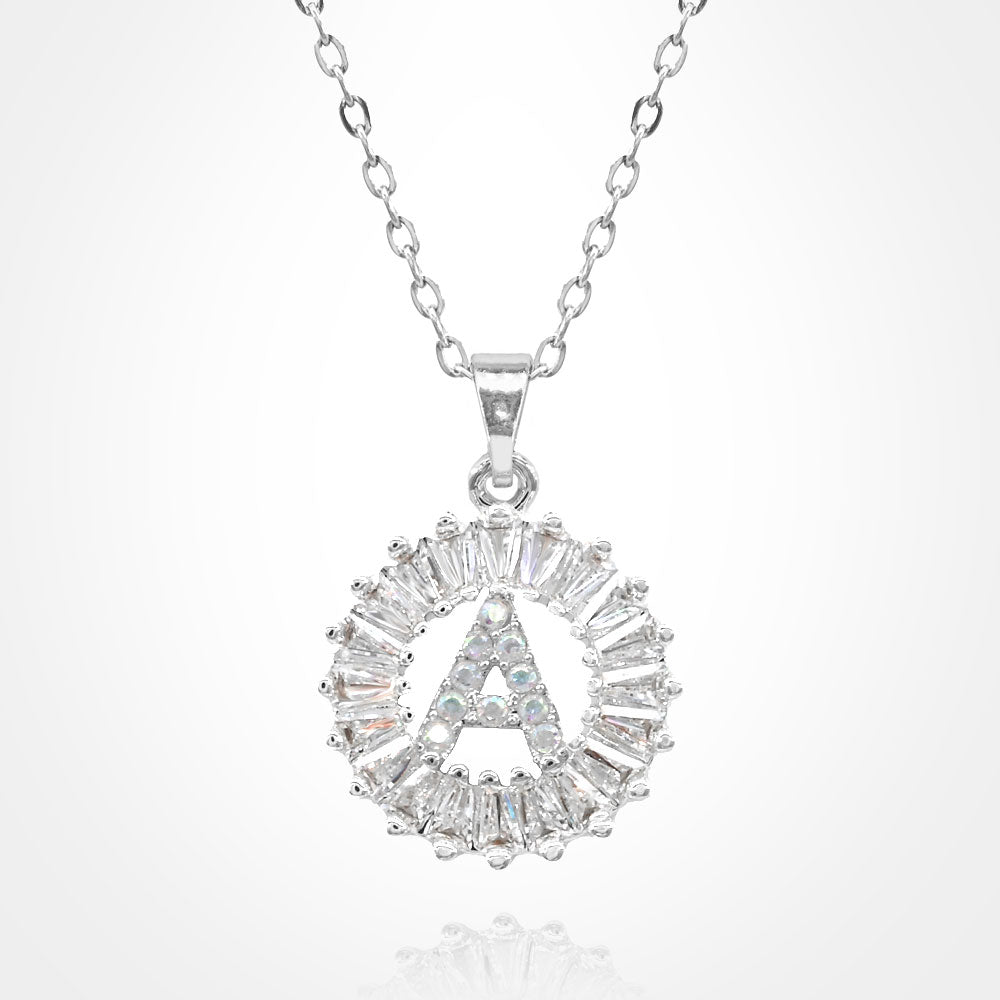 Madeline Love Silver, ~A~ -A- Stainless Steel CZ Stone Embellished Round Initial Monogram Pendant Necklace - Jewelry