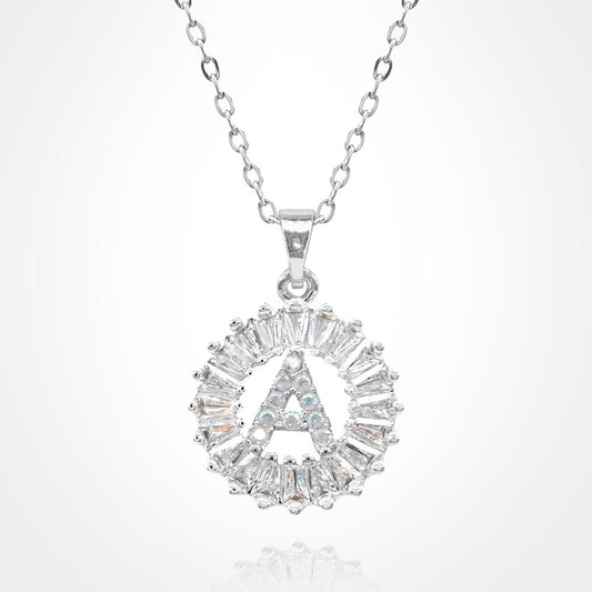 Madeline Love Silver, ~A~ -A- Stainless Steel CZ Stone Embellished Round Initial Monogram Pendant Necklace - Jewelry