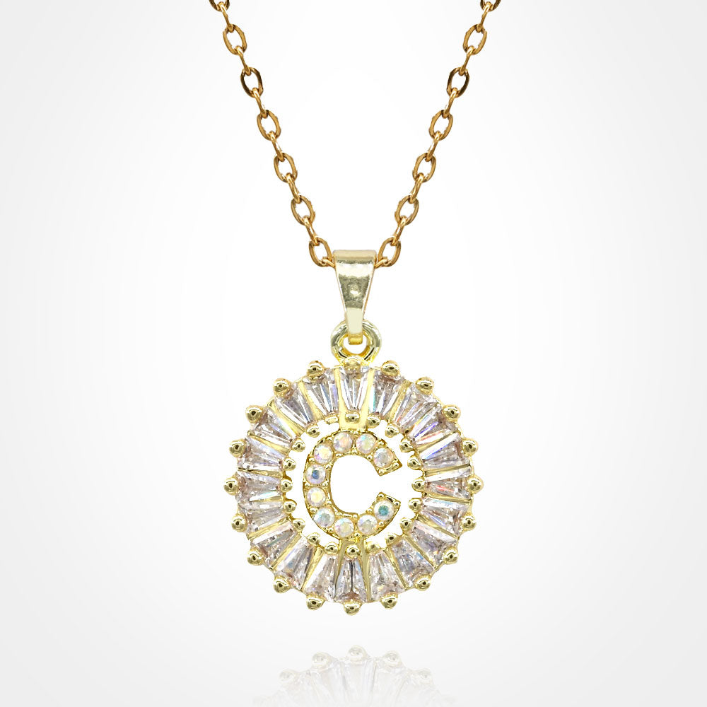 Madeline Love Gold, ~C~ -C- Stainless Steel CZ Stone Embellished Round Initial Monogram Pendant Necklace - Jewelry