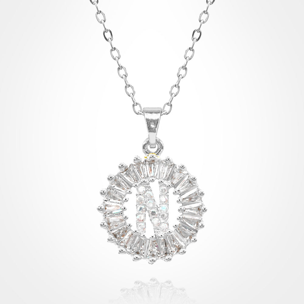 Madeline Love Silver, ~N~ -N- Stainless Steel CZ Stone Embellished Round Initial Monogram Pendant Necklace - Jewelry