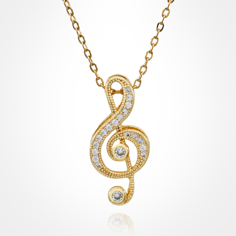Madeline Love Clear, Gold Stainless Steel CZ Stone Paved Treble Clef Pendant Necklace - Jewelry