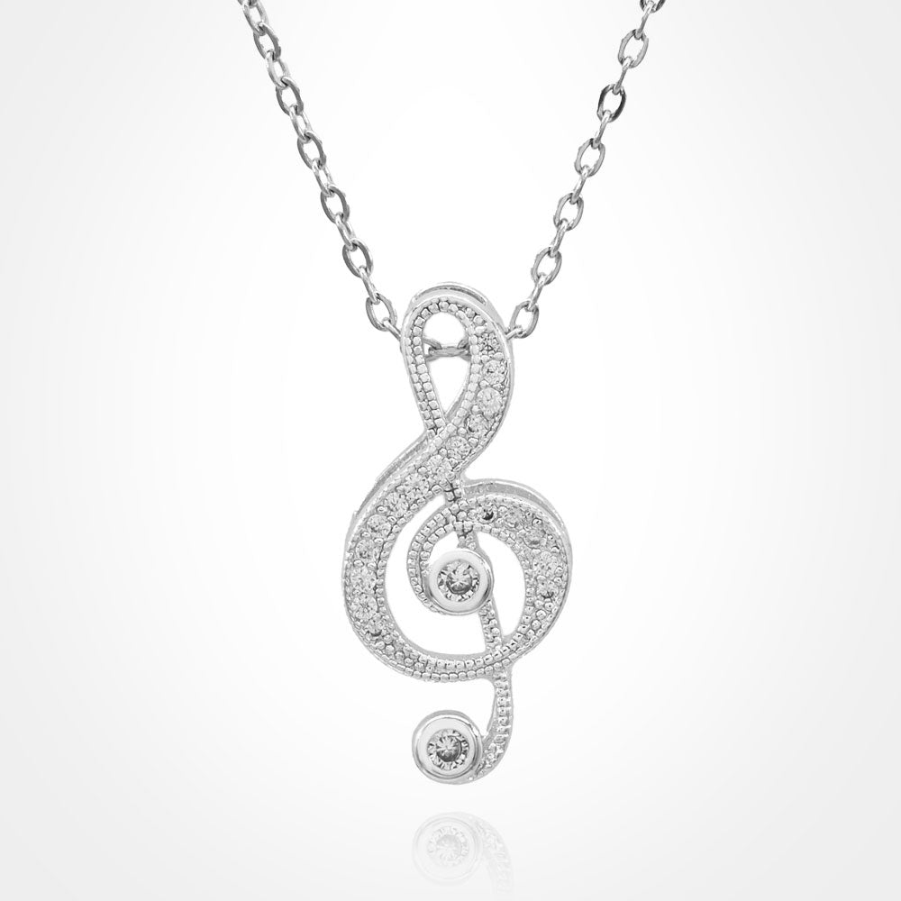 Madeline Love Clear, Silver Stainless Steel CZ Stone Paved Treble Clef Pendant Necklace - Jewelry