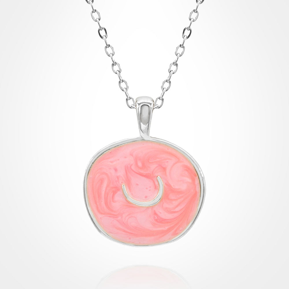 Madeline Love Pink, Silver Stainless Steel Swirl Enamel Tilted Crescent Embossed Pendant Necklace - Jewelry