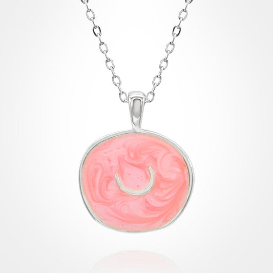 Madeline Love Pink, Silver Stainless Steel Swirl Enamel Tilted Crescent Embossed Pendant Necklace - Jewelry