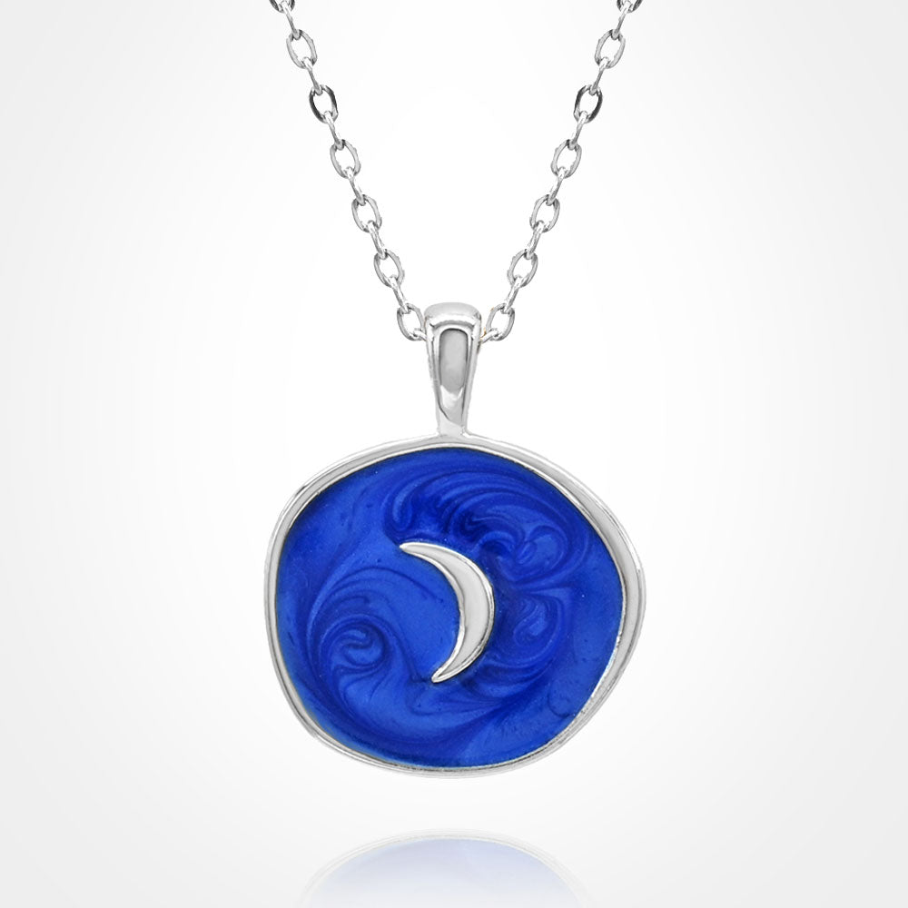 Madeline Love Royal Blue, Silver Stainless Steel Swirl Enamel Crescent Moon Embossed Pendant Necklace - Jewelry