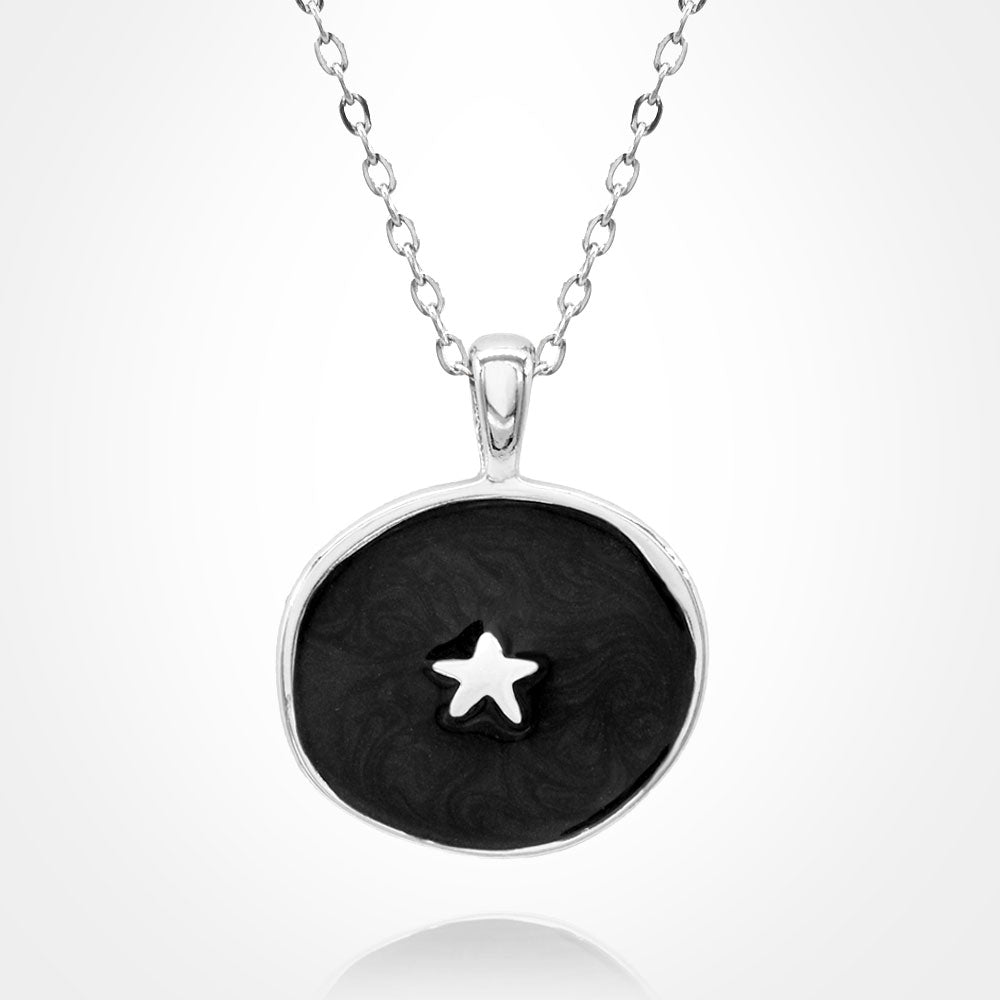 Madeline Love Black, Silver Stainless Steel Swirl Enamel Star Embossed Pendant Necklace - Jewelry