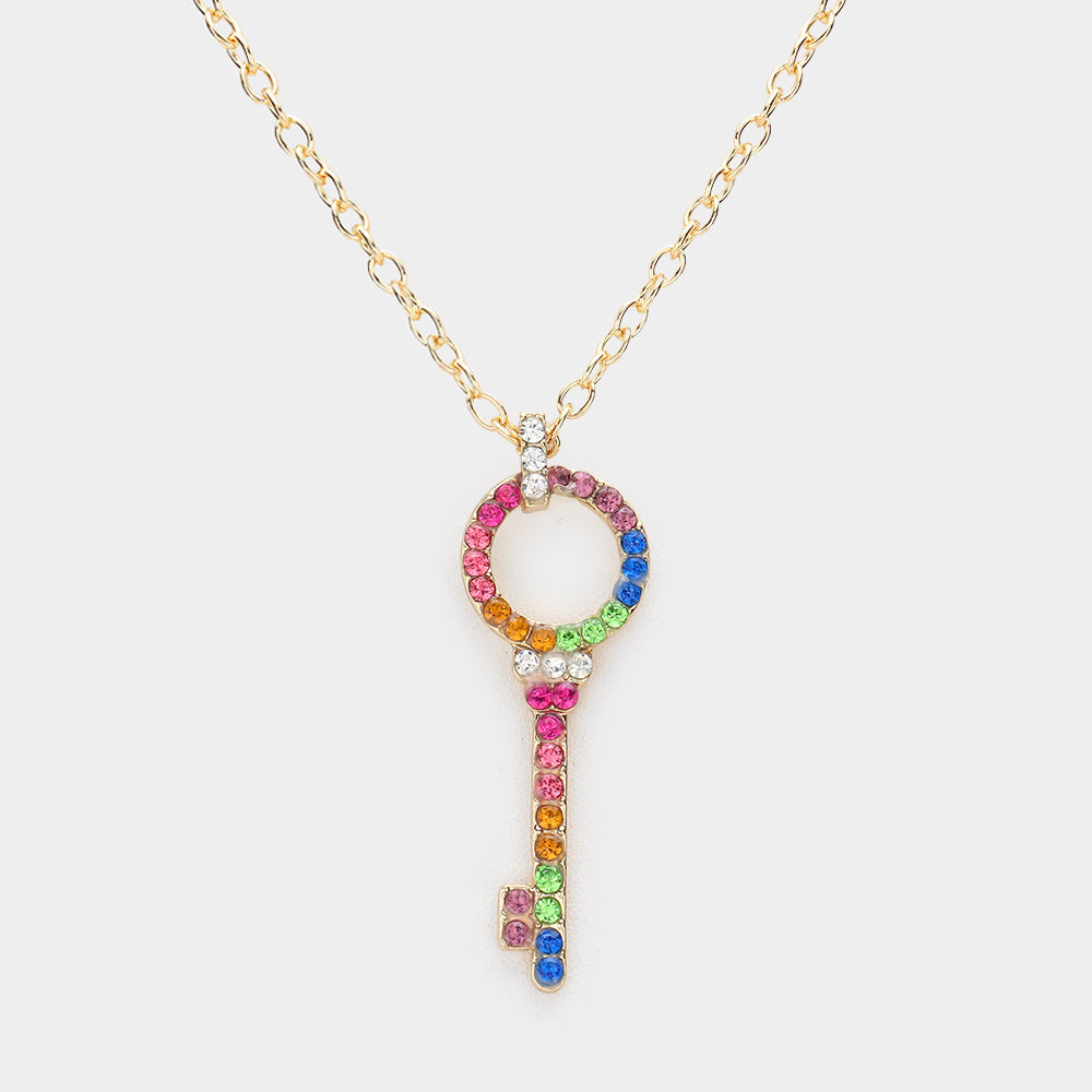 Madeline Love Gold, Multi Rhinestone Pave Key Pendant Necklace - Jewelry