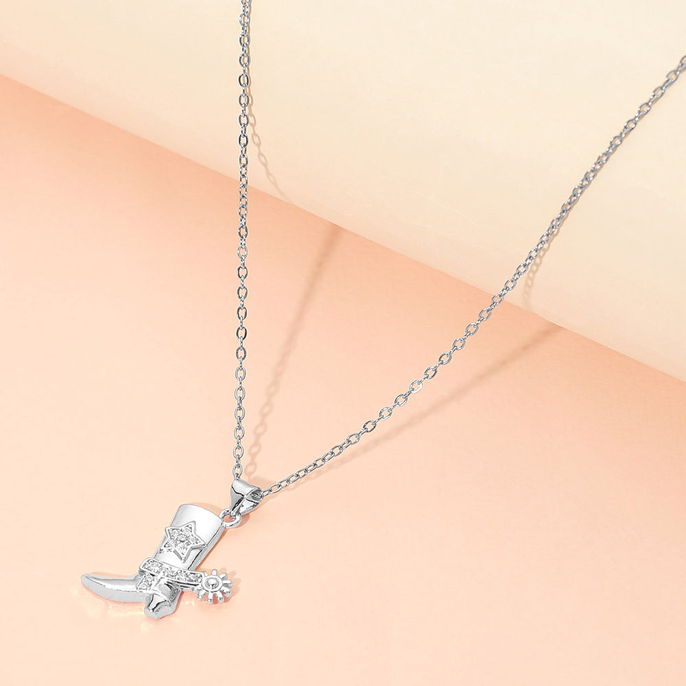 Madeline Love Silver Stainless Steel CZ Stone Paved Star Accent Cowboy Boot Charm Pendant Necklace - Jewelry