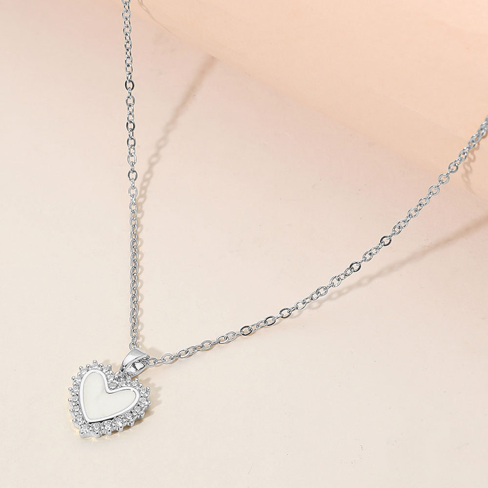 Madeline Love Mother of Pearl, Silver Stainless Steel CZ Trim Mother of Pearl Heart Pendant Necklace - Jewelry