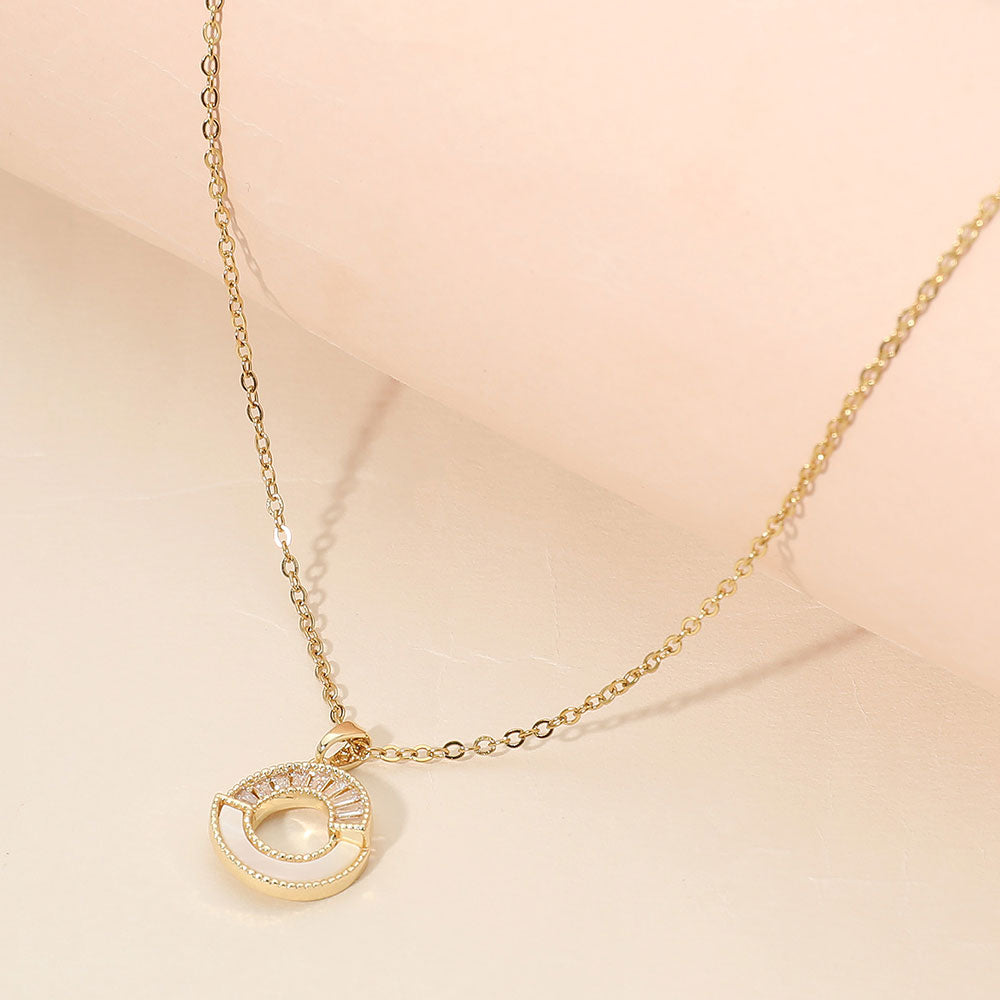 Madeline Love Gold Stainless Steel CZ Pave Mother of Pearl Detail Open Circle Pendant Necklace - Jewelry