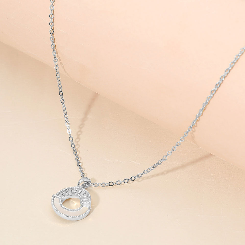Madeline Love Silver Stainless Steel CZ Pave Mother of Pearl Detail Open Circle Pendant Necklace - Jewelry