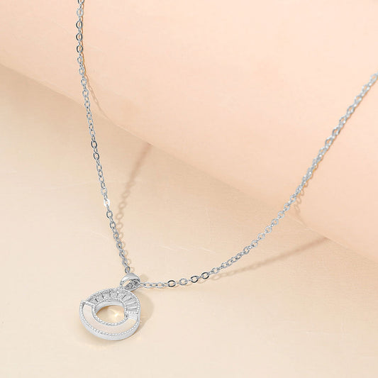 Madeline Love Silver Stainless Steel CZ Pave Mother of Pearl Detail Open Circle Pendant Necklace - Jewelry