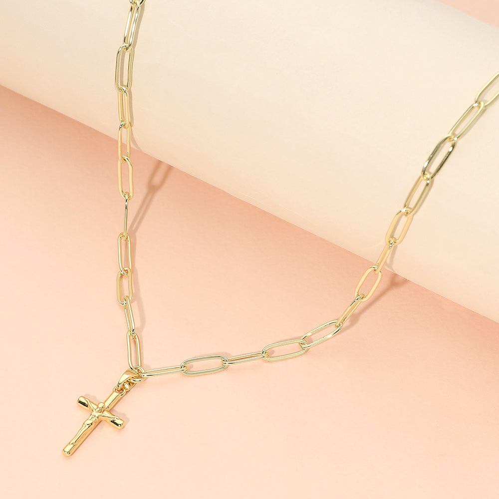 Madeline Love Gold Stainless Steel Cross Pendant Paperclip Chain Necklace - Jewelry