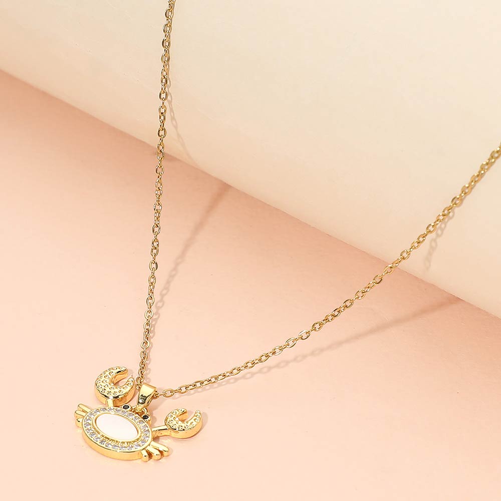 Madeline Love Gold, Mother of Pearl Stainless Steel Mother of Pearl CZ Stone Paved Crab Charm Pendant Necklace - Jewelry