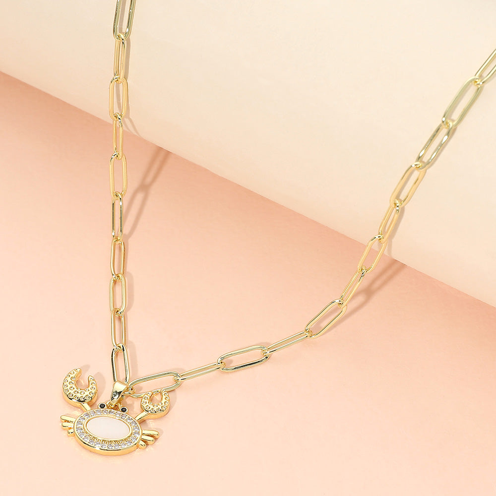 Madeline Love Gold, Mother of Pearl Stainless Steel Mother of Pearl CZ Stone Paved Crab Charm Pendant Paperclip Chain Necklace - Jewelry