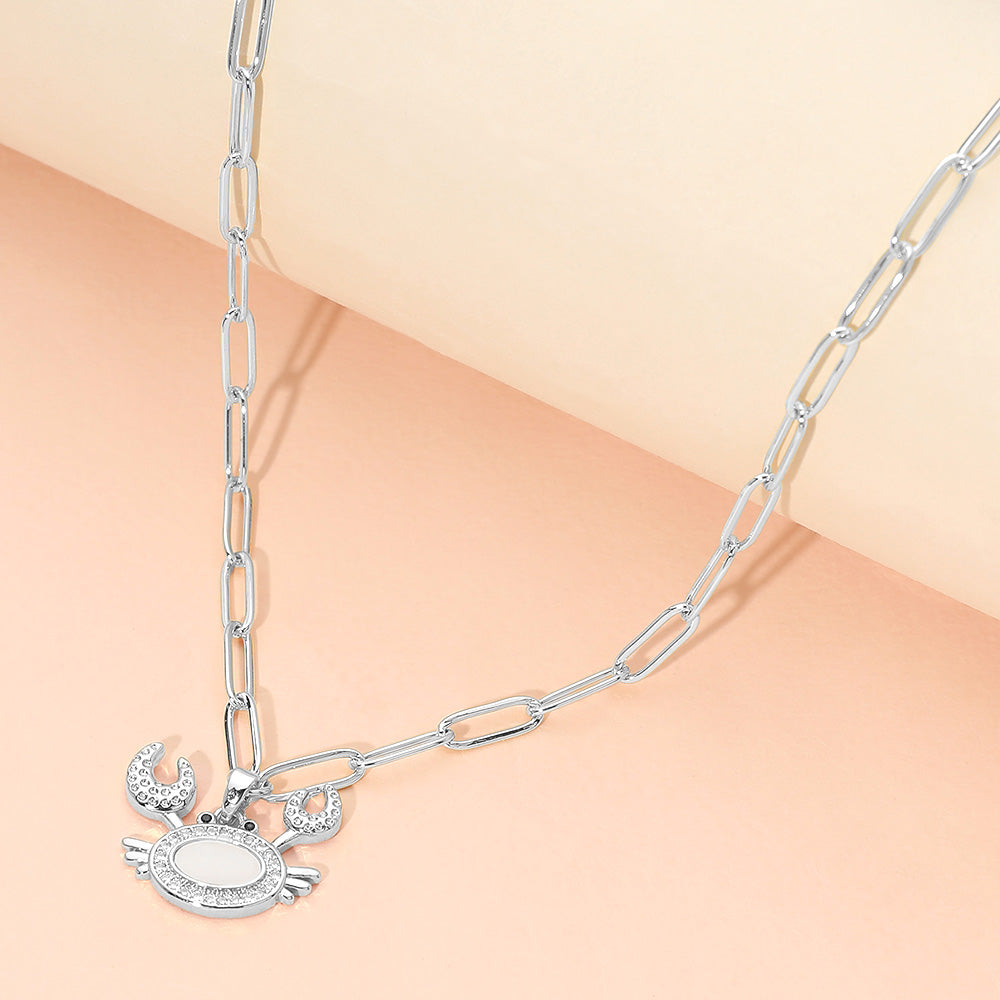 Madeline Love Mother of Pearl, Silver Stainless Steel Mother of Pearl CZ Stone Paved Crab Charm Pendant Paperclip Chain Necklace - Jewelry