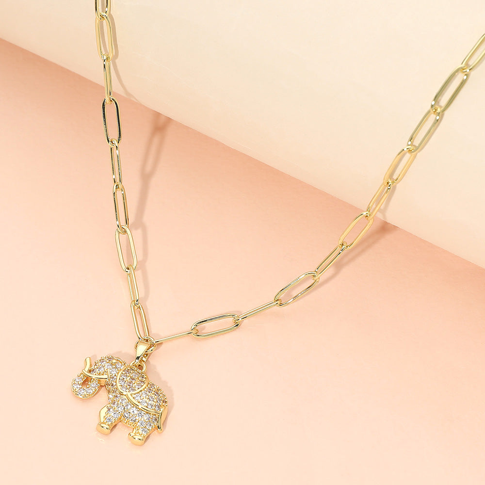Madeline Love Gold Stainless Steel CZ Stone Paved Elephant Charm Pendant Paperclip Chain Necklace - Jewelry