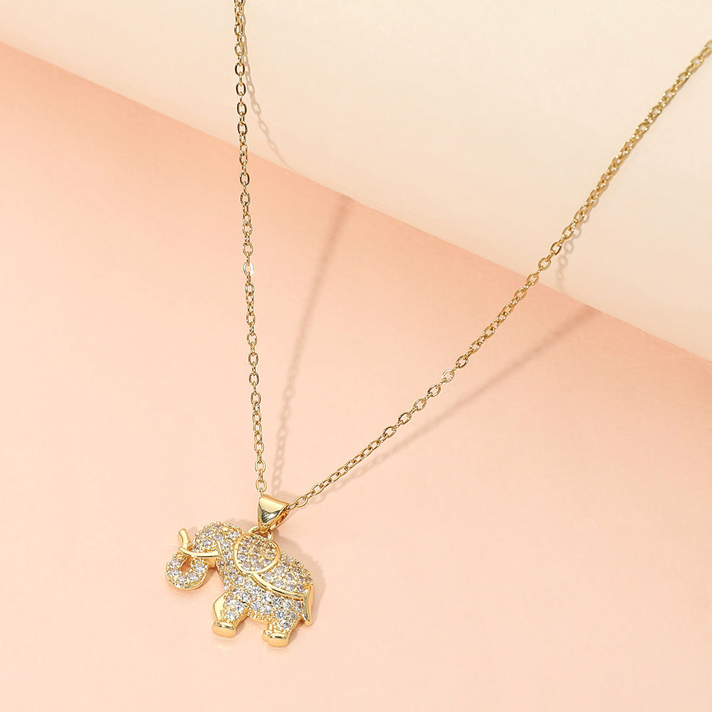 Madeline Love Gold Stainless Steel CZ Stone Paved Elephant Charm Pendant Necklace - Jewelry