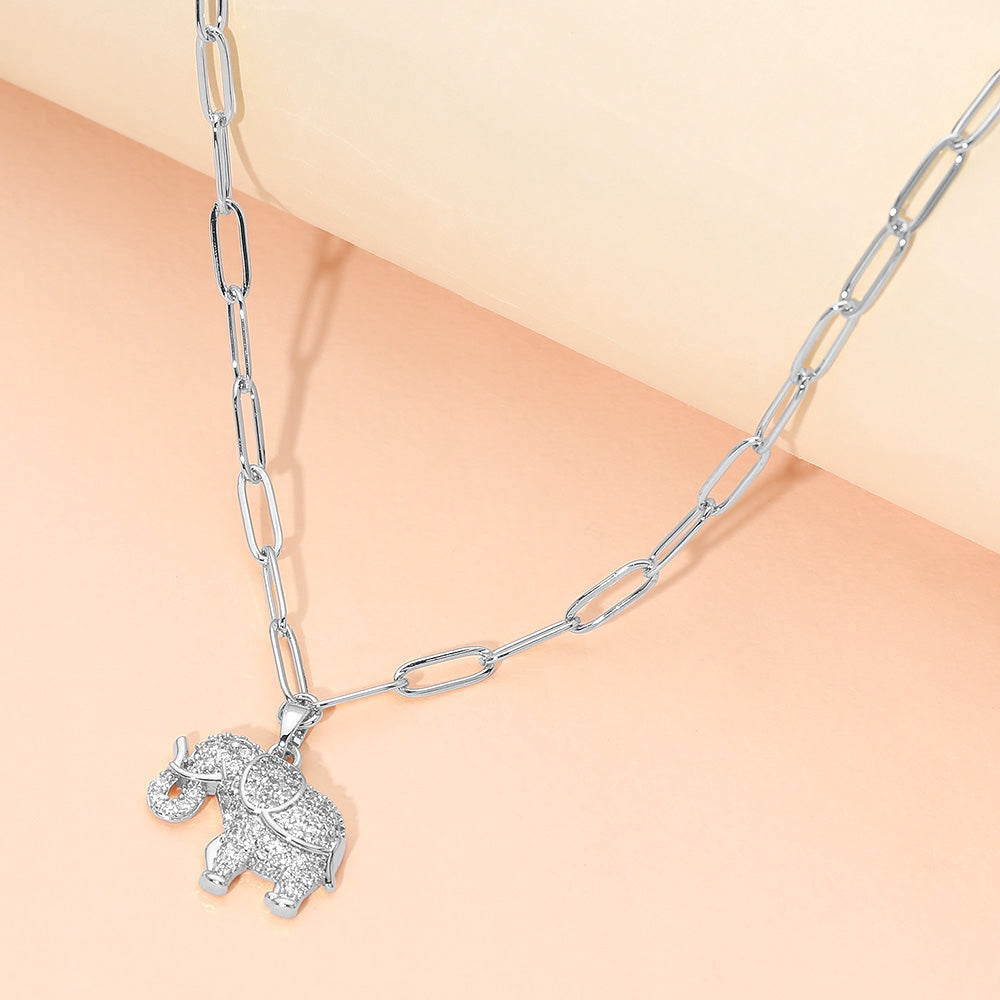 Madeline Love Silver Stainless Steel CZ Stone Paved Elephant Charm Pendant Paperclip Chain Necklace - Jewelry