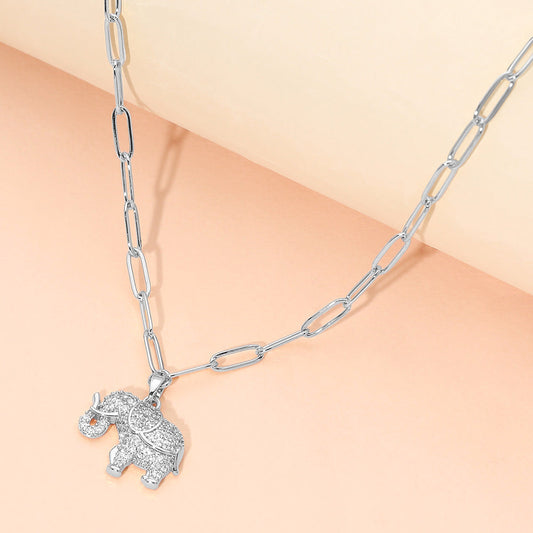 Madeline Love Silver Stainless Steel CZ Stone Paved Elephant Charm Pendant Paperclip Chain Necklace - Jewelry