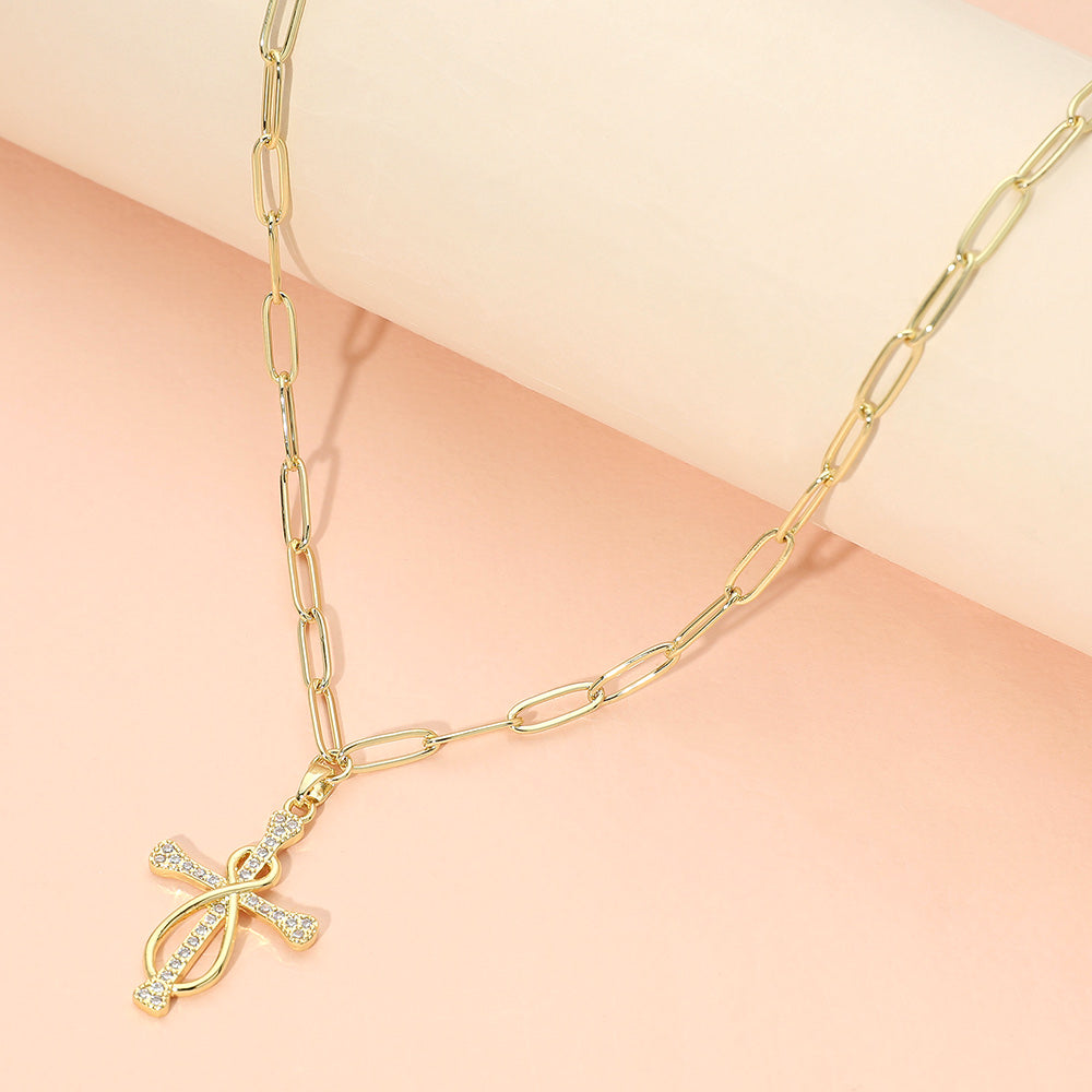 Madeline Love Gold Stainless Steel CZ Stone Paved Knot Cross Charm Pendant Paperclip Chain Necklace - Jewelry