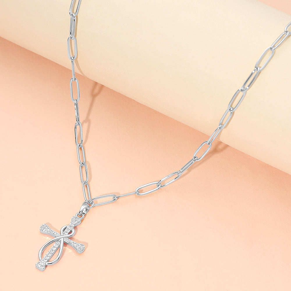 Madeline Love Silver Stainless Steel CZ Stone Paved Knot Cross Charm Pendant Paperclip Chain Necklace - Jewelry