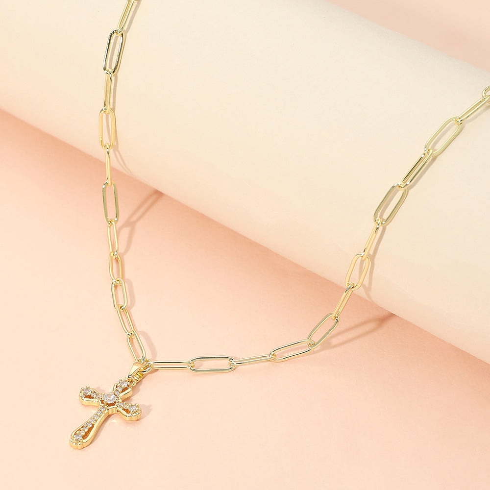 Madeline Love Gold Stainless Steel CZ Cross Charm Pendant Paperclip Chain Necklace - Jewelry