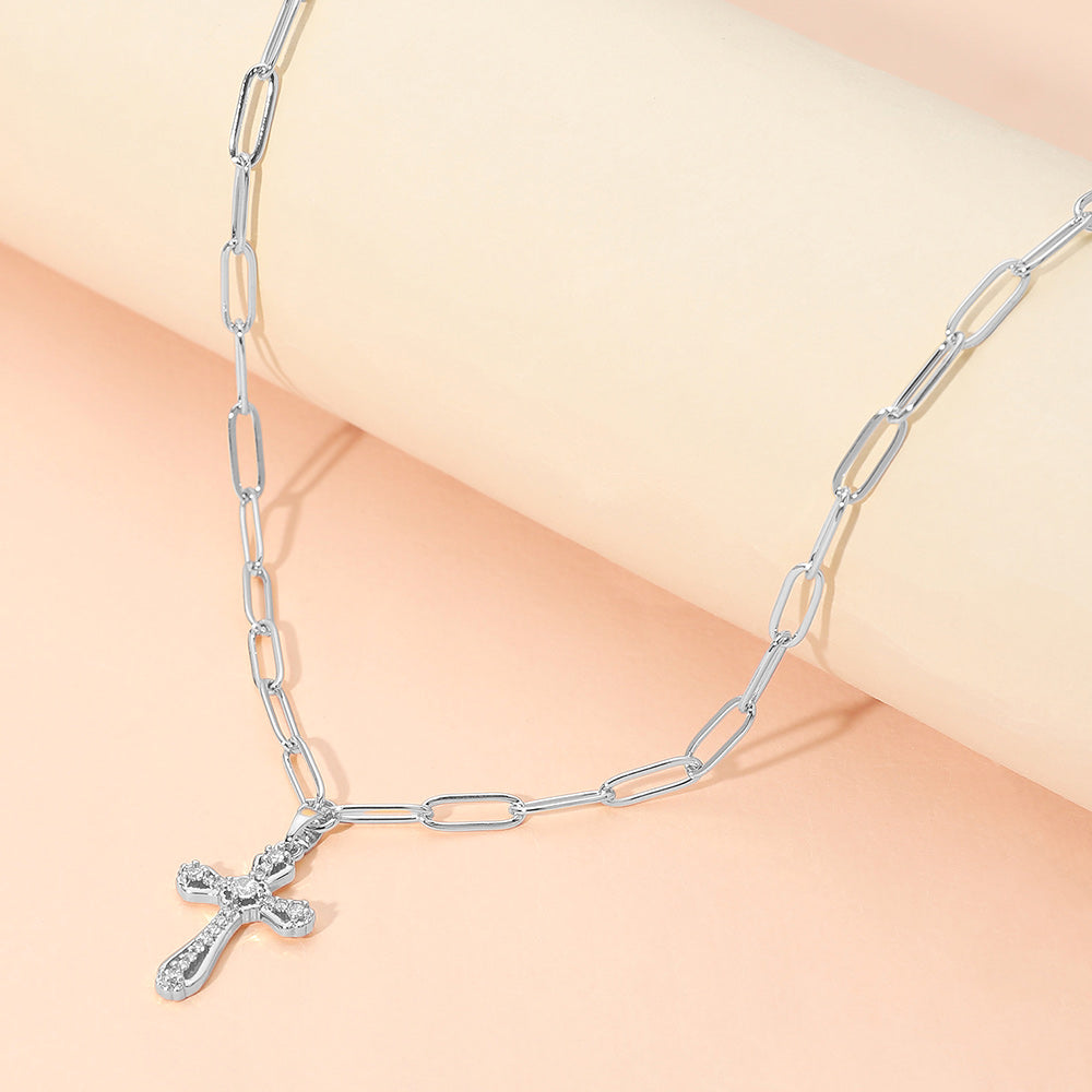 Madeline Love Silver Stainless Steel CZ Cross Charm Pendant Paperclip Chain Necklace - Jewelry