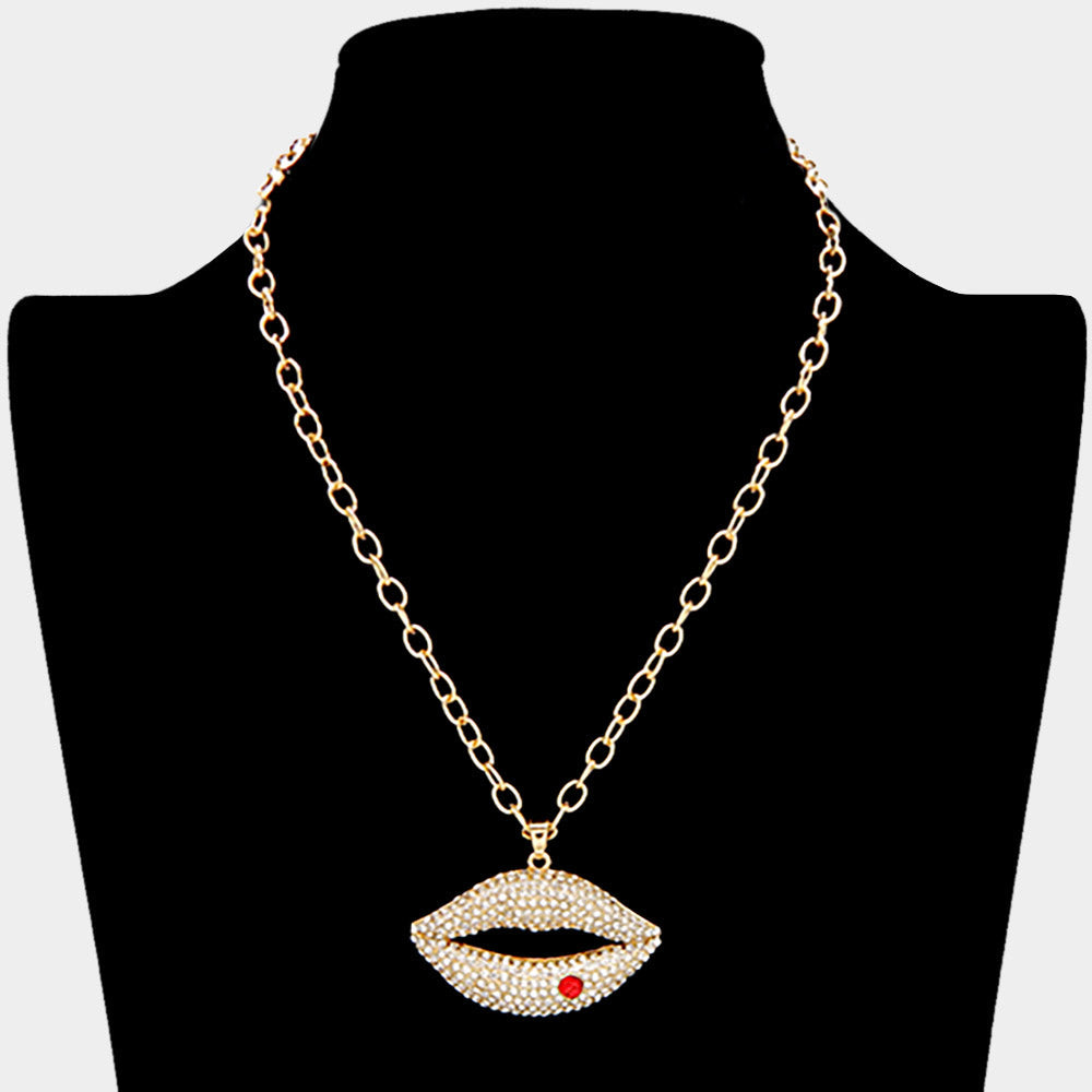 Madeline Love Gold Rhinestone Paved Lip Pendant Necklace - Necklaces